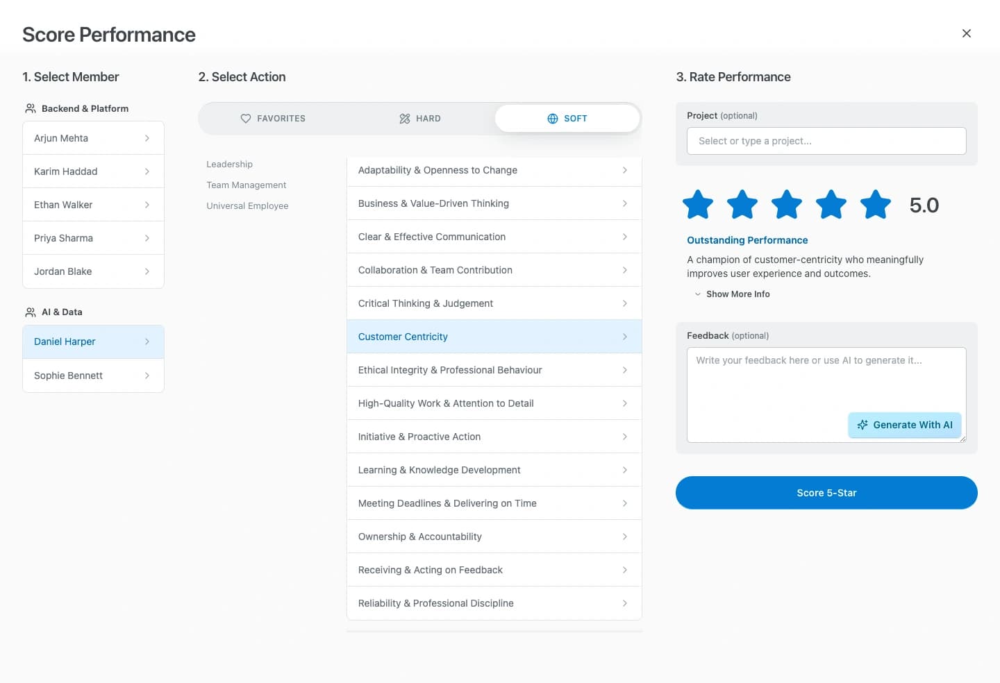 Rate actions effortlessly and fairly. screen